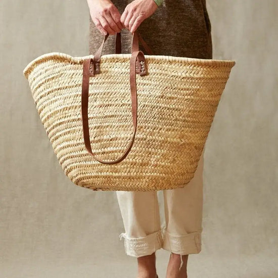 Straw Bag Handmade with Leather, French Market Basket