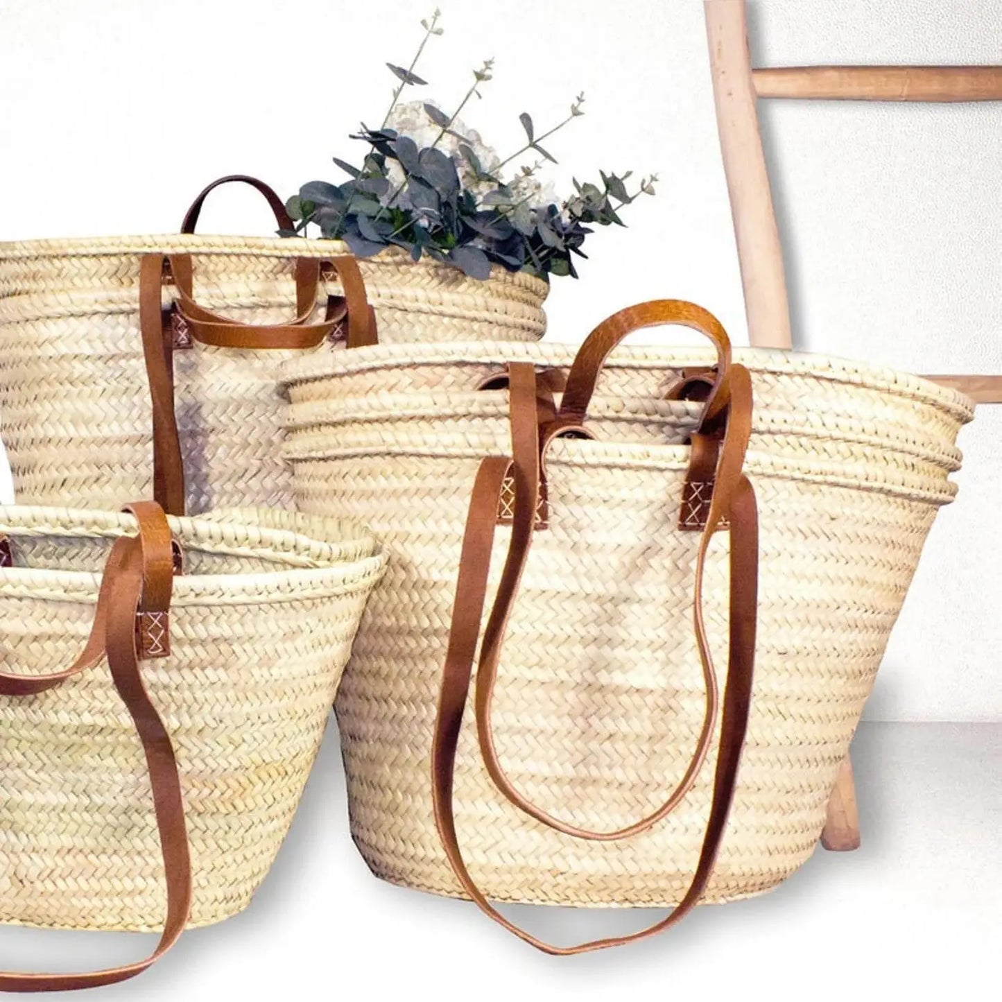 Straw Bag Handmade with Leather, French Market Basket