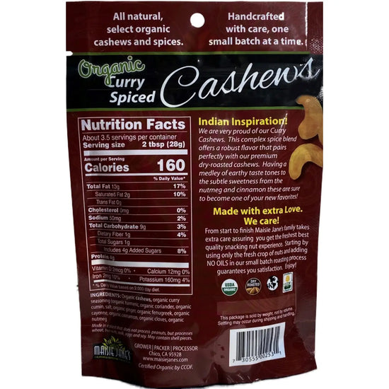 Organic Curry Spiced Cashews 3.5 oz. Reclosable Pouch