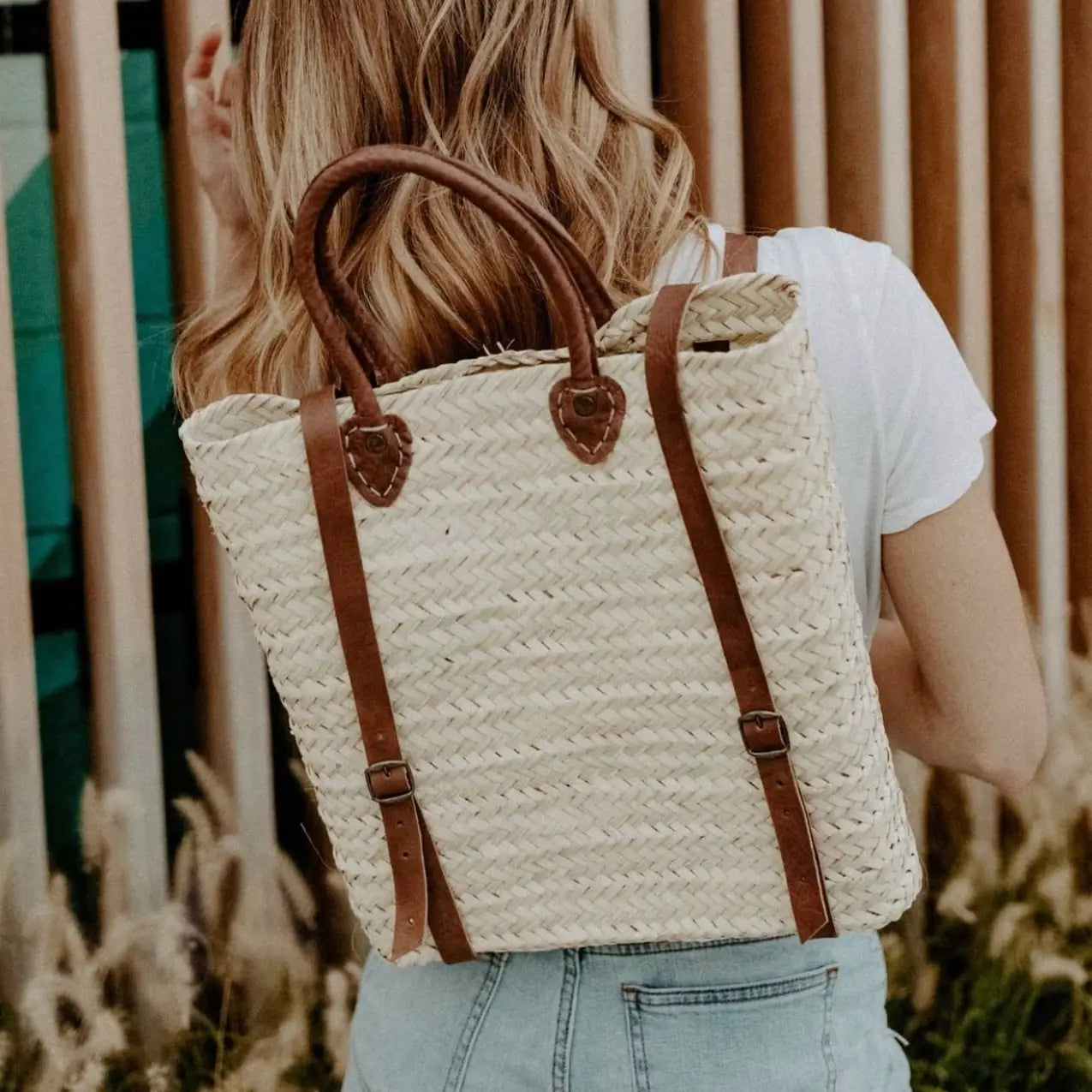 Straw Beach Bag with Leather Strap - Straw Backpack